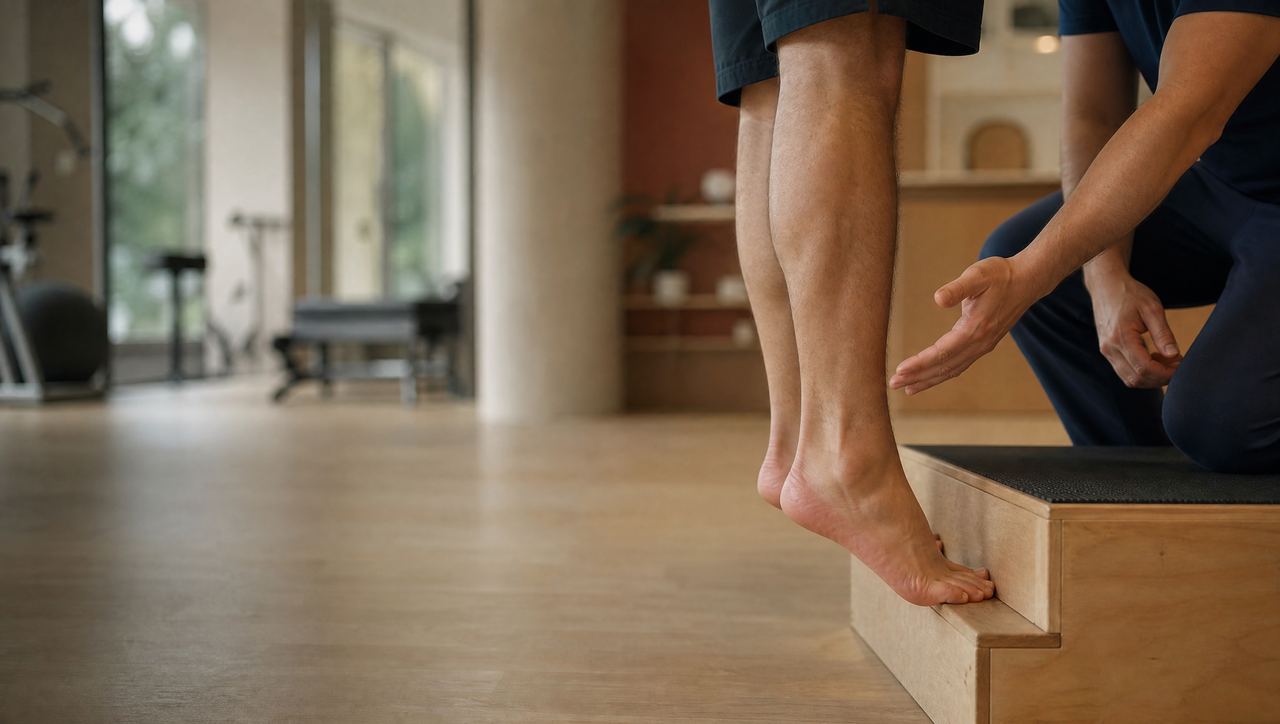 Patient doing heel raises off a step to strengthen the Achilles tendon