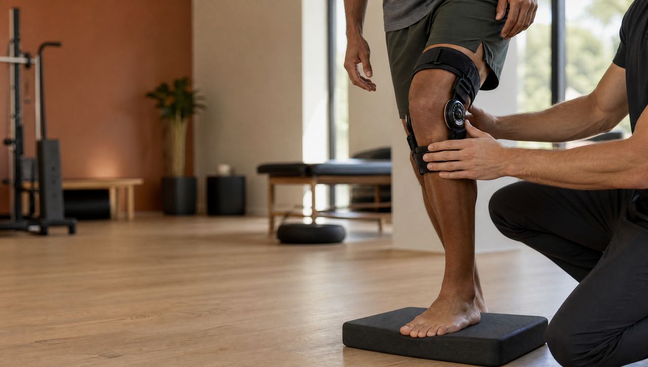 Athlete in a knee brace balancing on one leg during ACL rehab