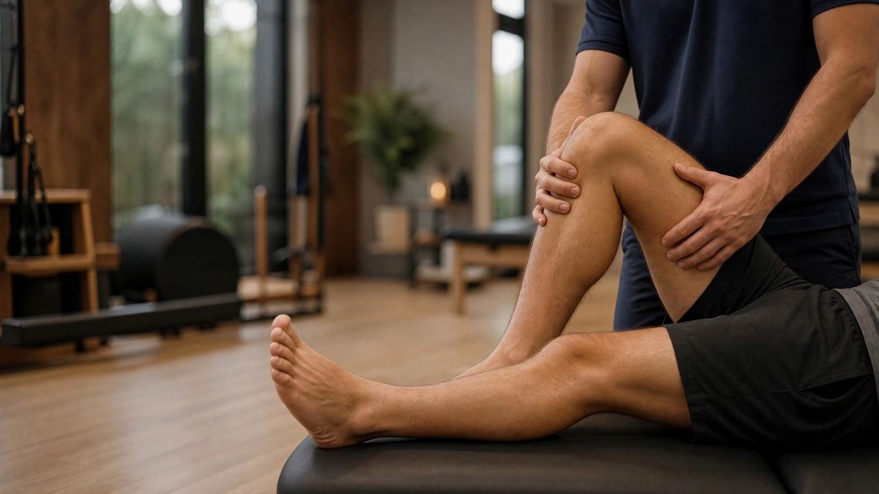 Physical therapist moving an arthritic knee through its comfortable range