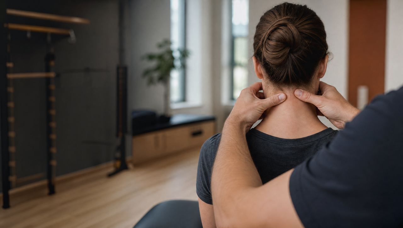 Therapist guiding a gentle neck exercise from behind