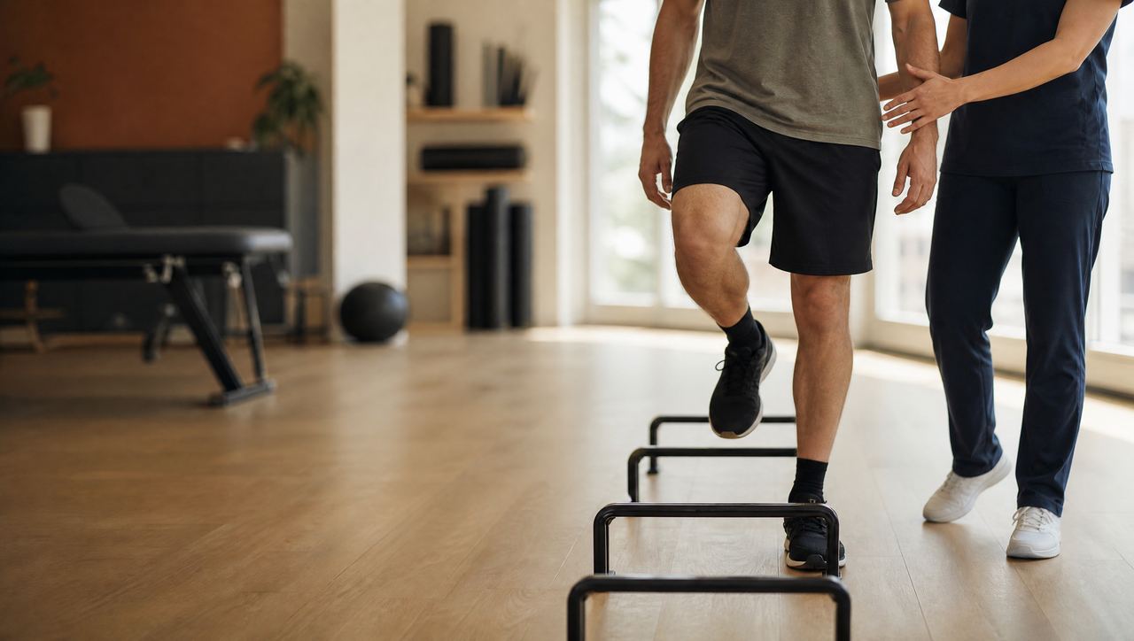 Patient stepping over low hurdles during balance and gait training