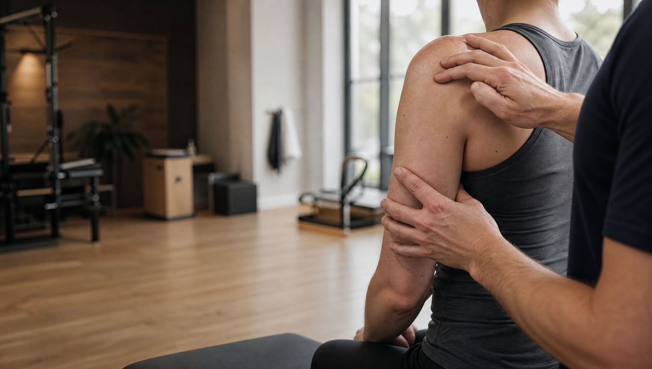 Therapist palpating a patient’s shoulder for bursitis and tendonitis