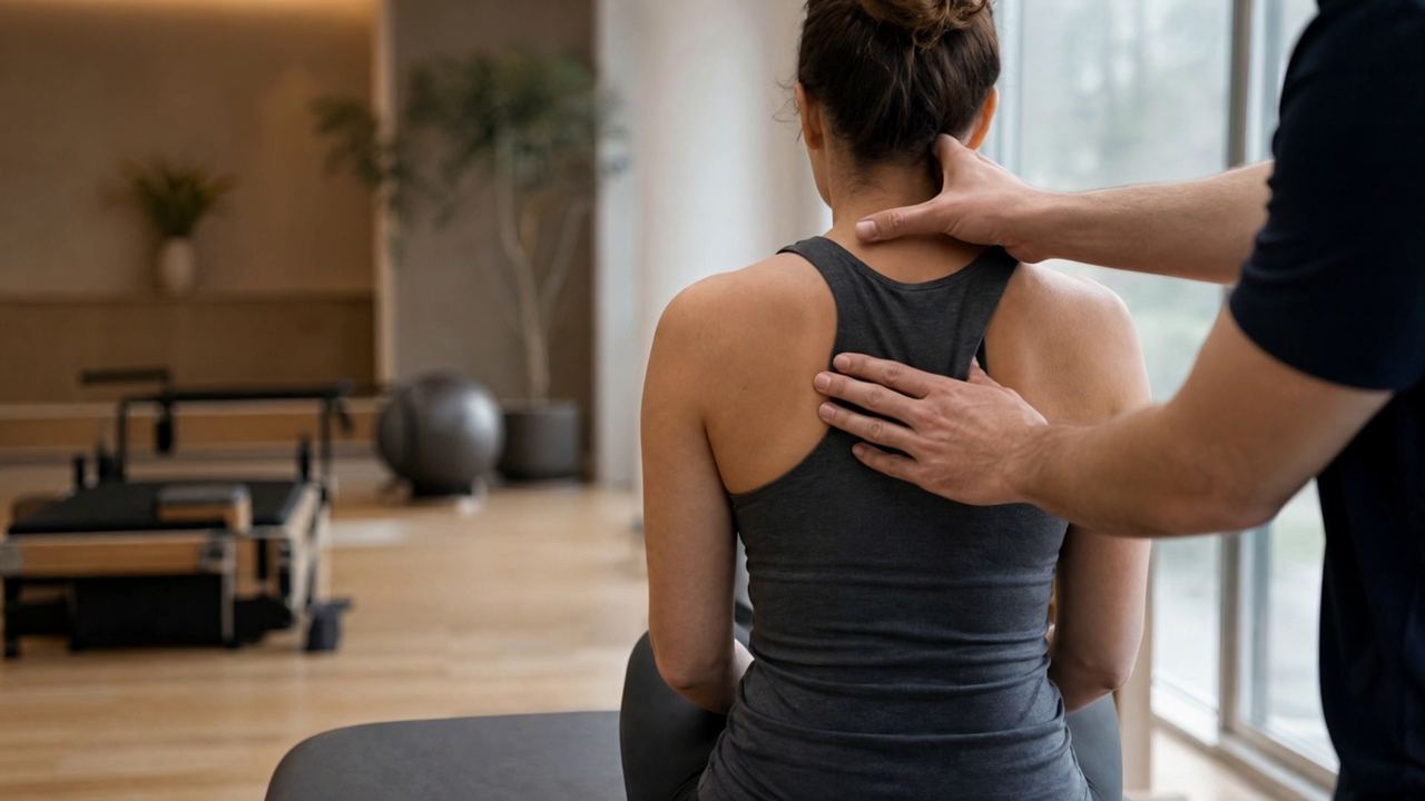 Therapist assessing a patient’s neck and shoulders after a car accident