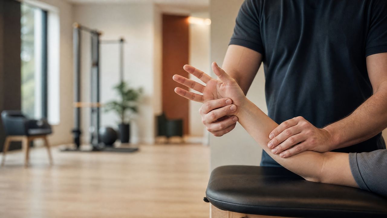Therapist guiding a nerve-glide exercise for carpal tunnel syndrome