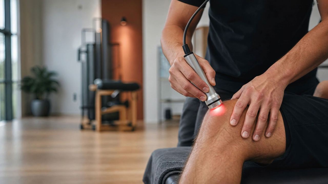 Handheld cold laser held over a patient’s knee