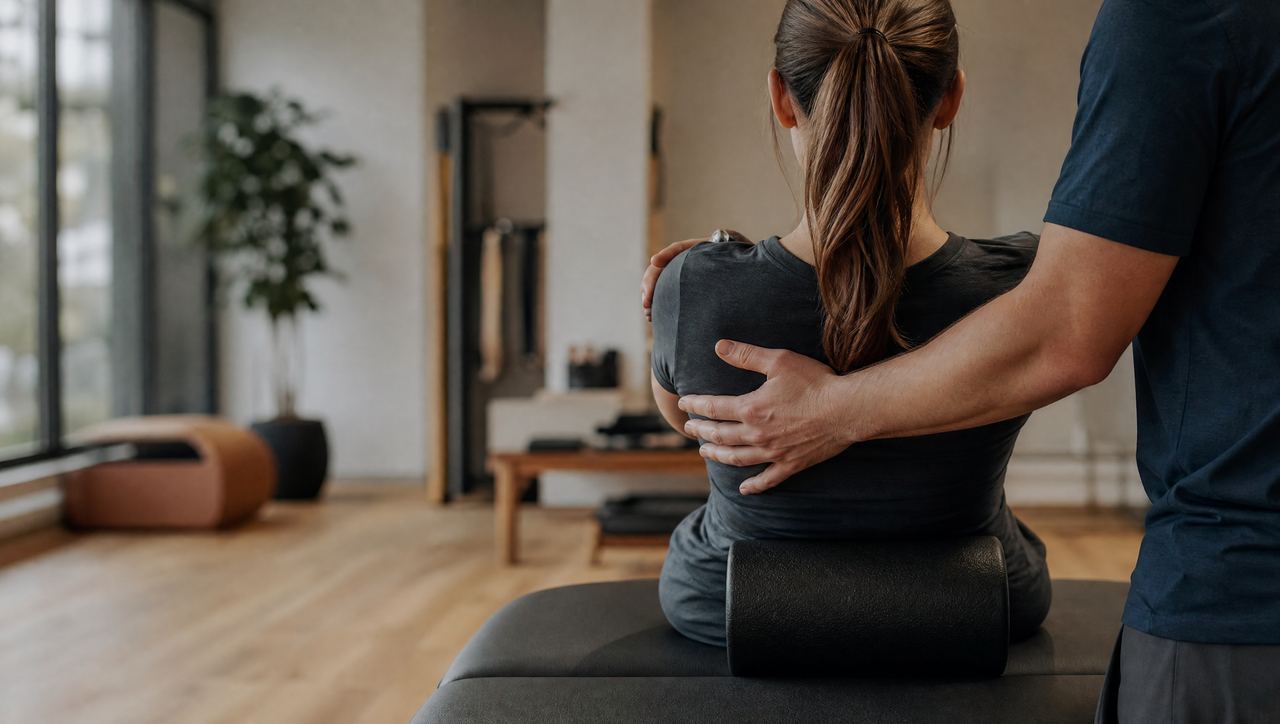 Therapist supporting gentle posture exercise after a compression fracture