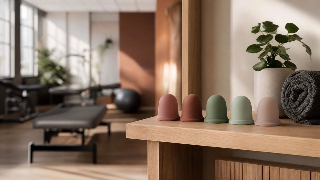 Silicone cupping cups arranged on a clinic shelf
