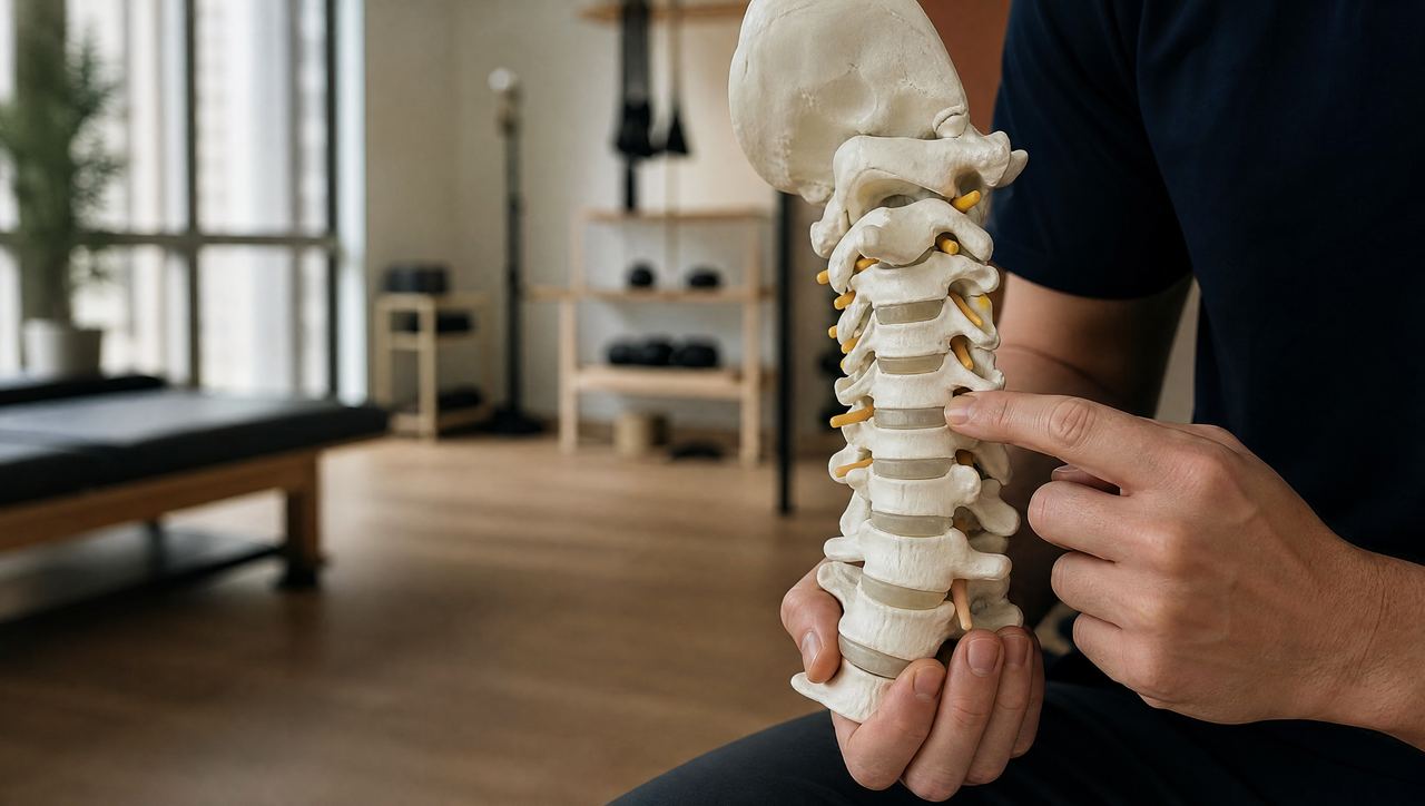 Therapist pointing to a worn disc on a cervical spine model
