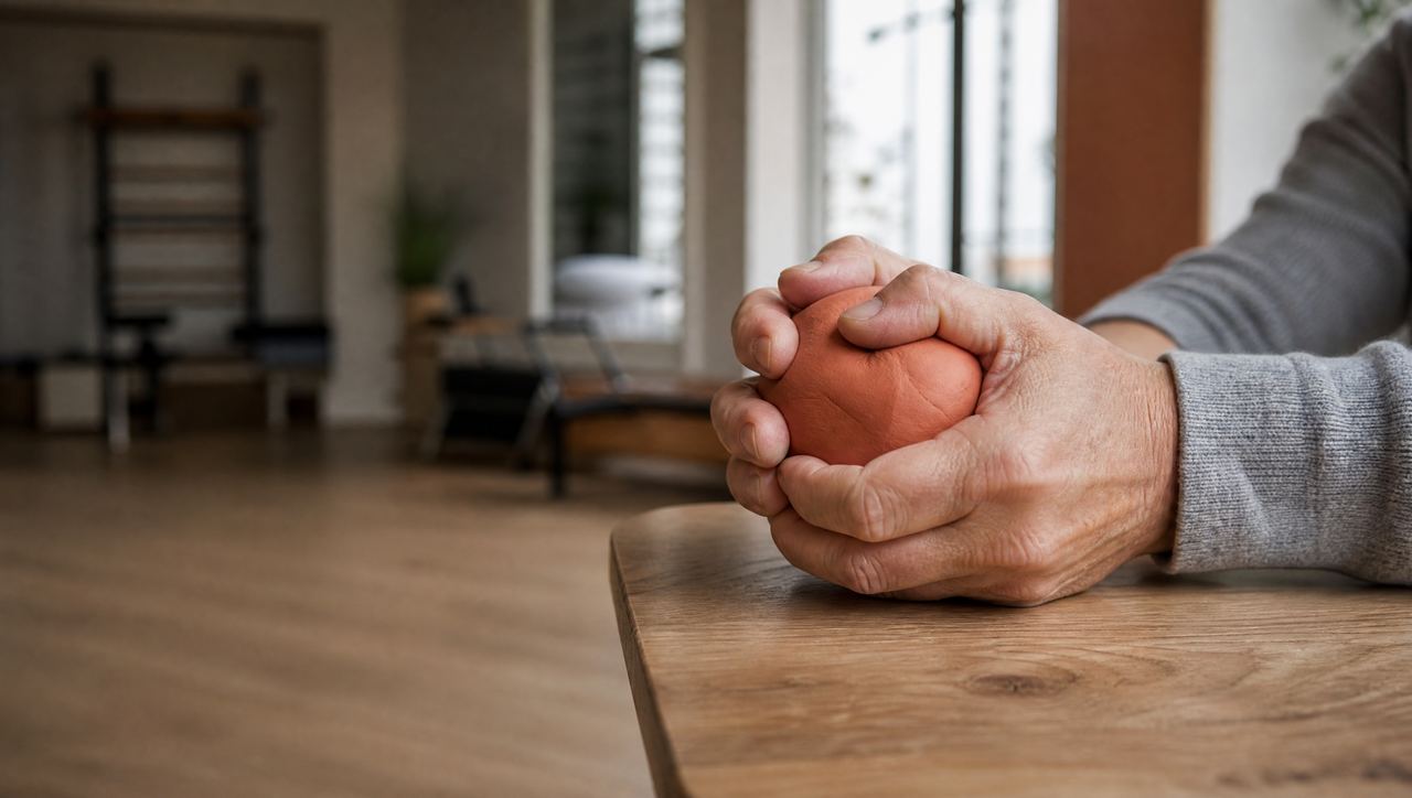 Older patient strengthening grip with therapy putty