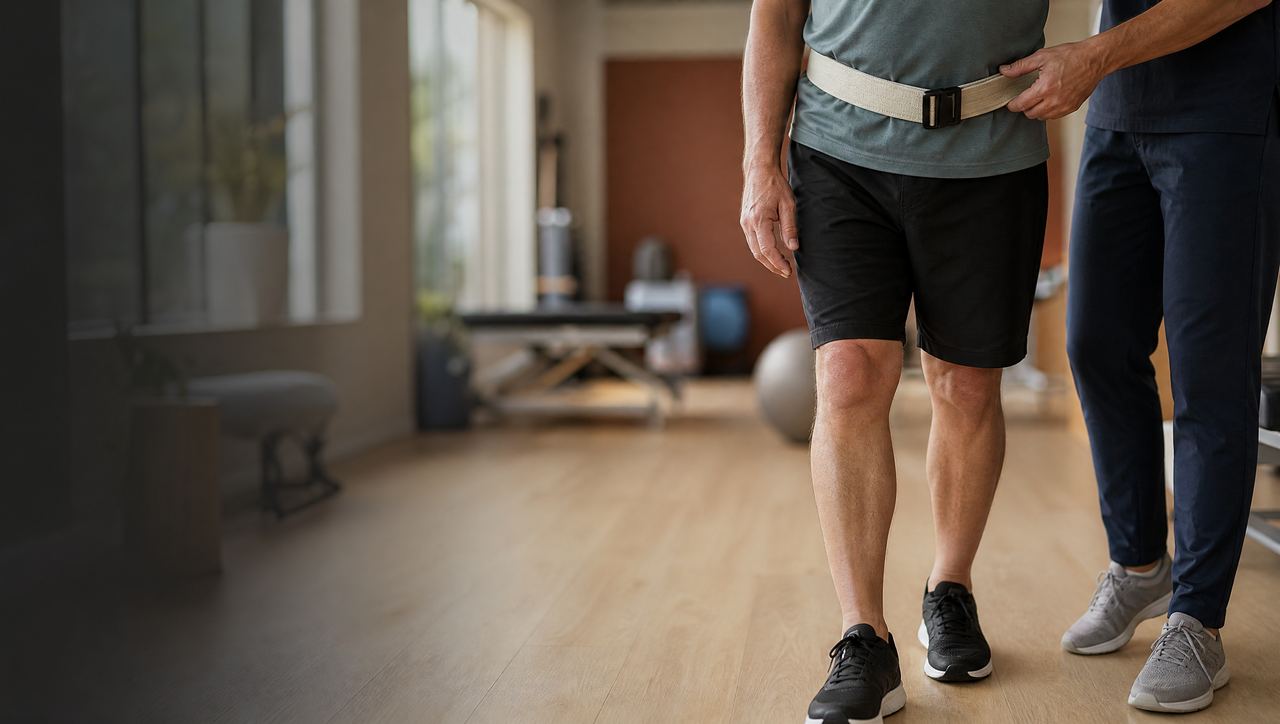 Therapist guarding a patient with a gait belt during walking practice