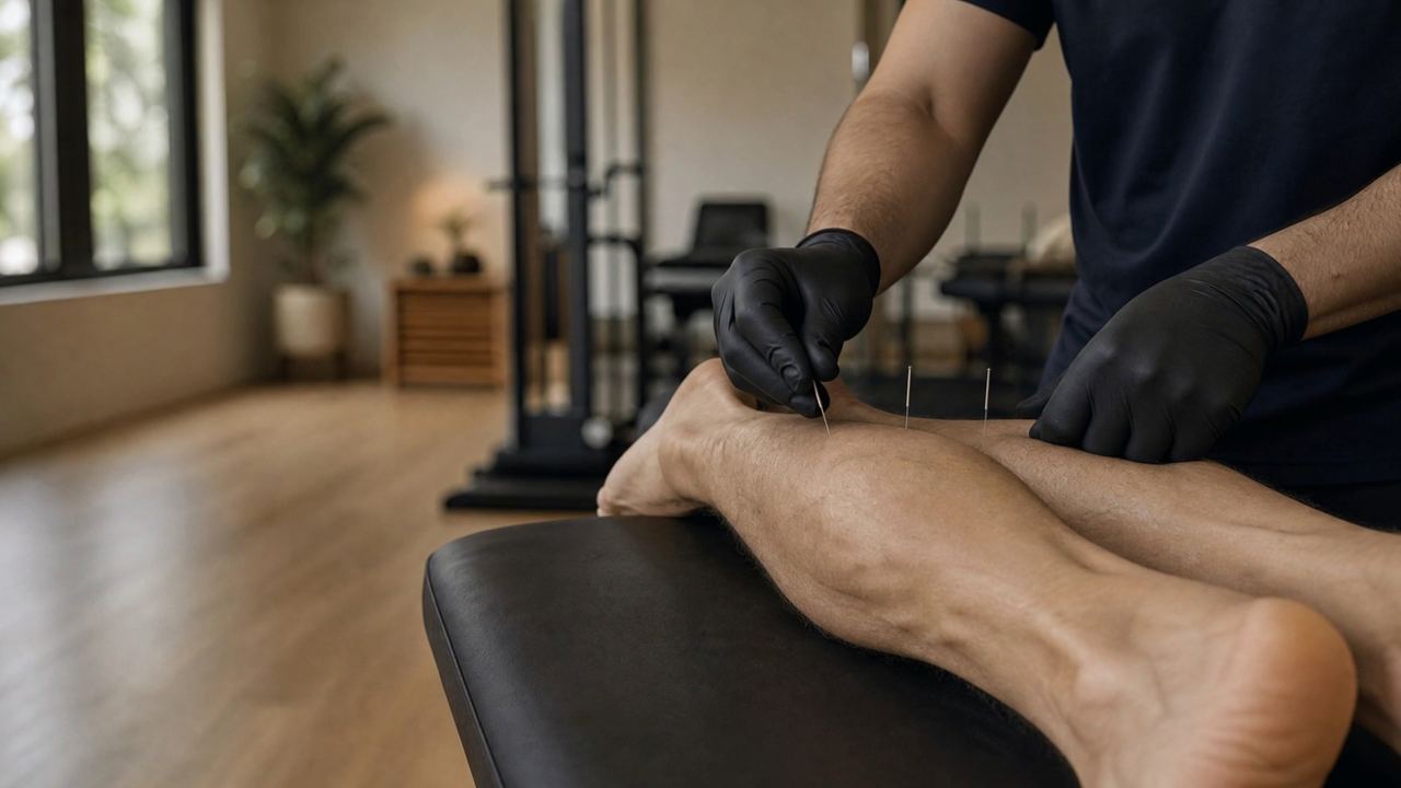 Gloved hand placing a fine dry-needling needle in a calf muscle
