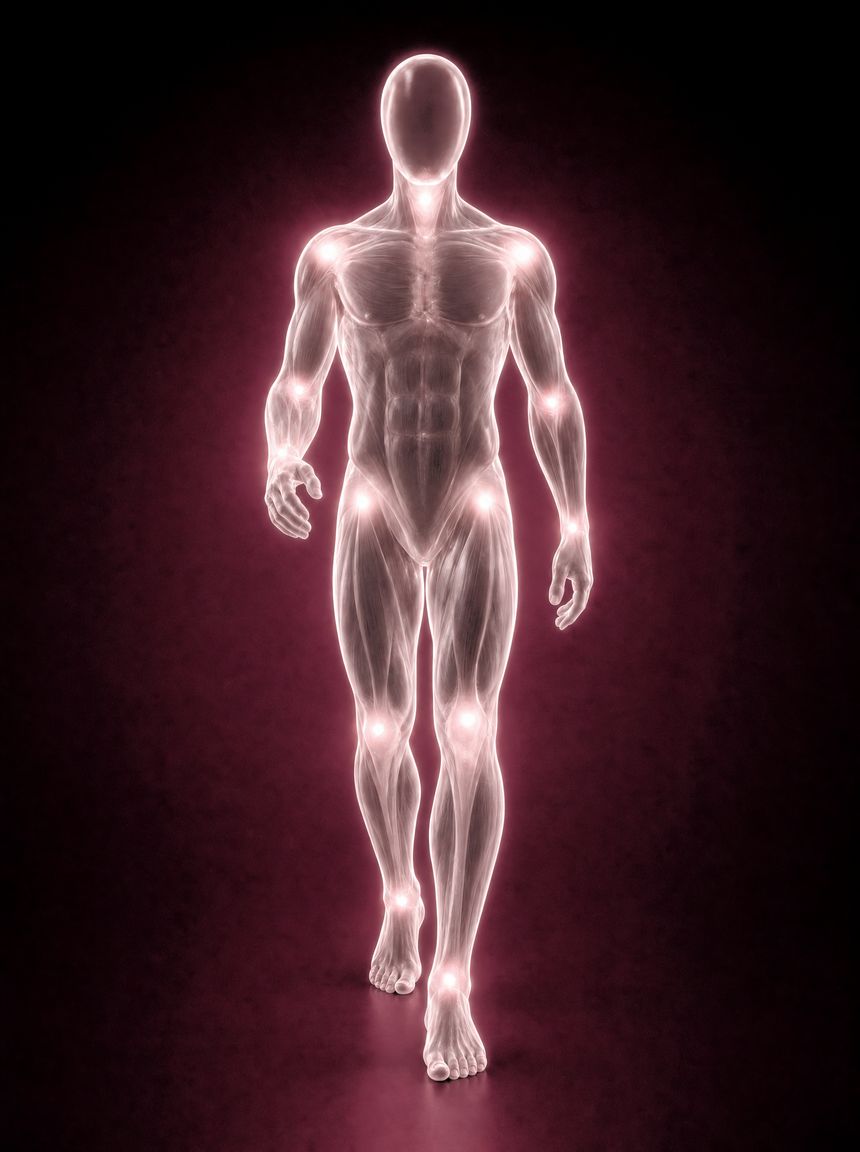 Illustrated glass anatomical figure in mid-stride with the joints highlighted