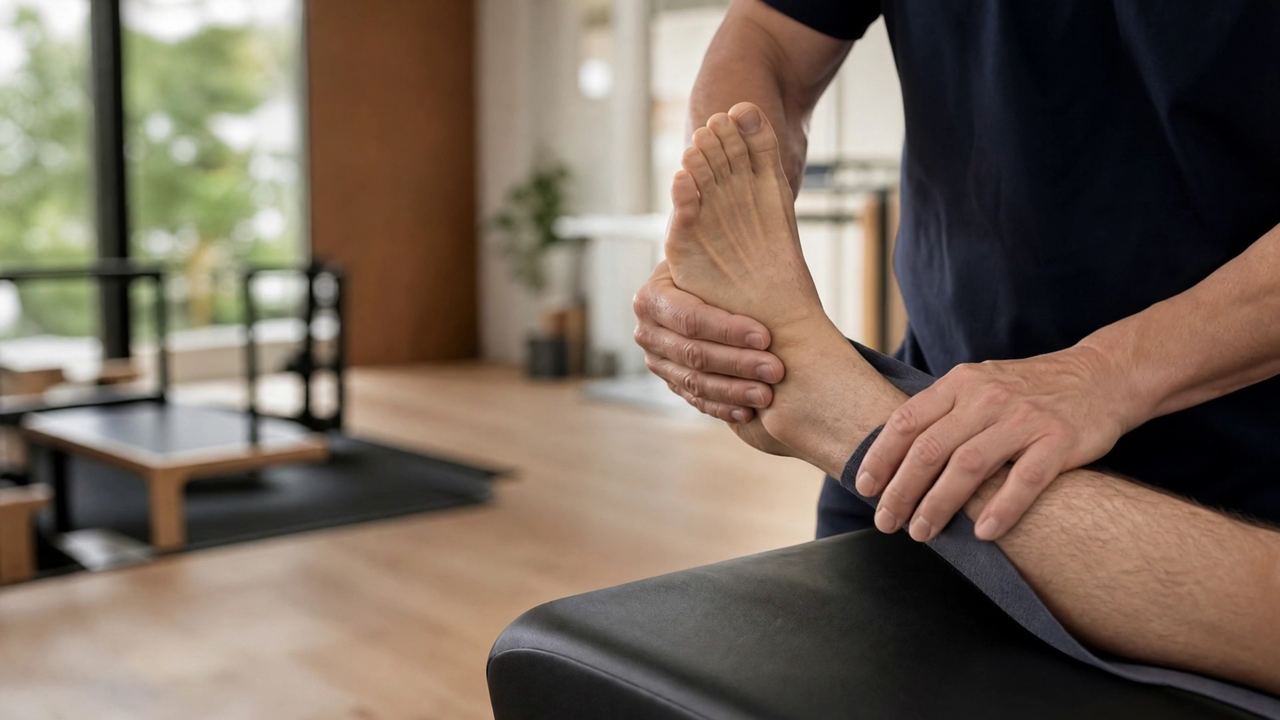 Therapist mobilizing a patient’s ankle with a strap