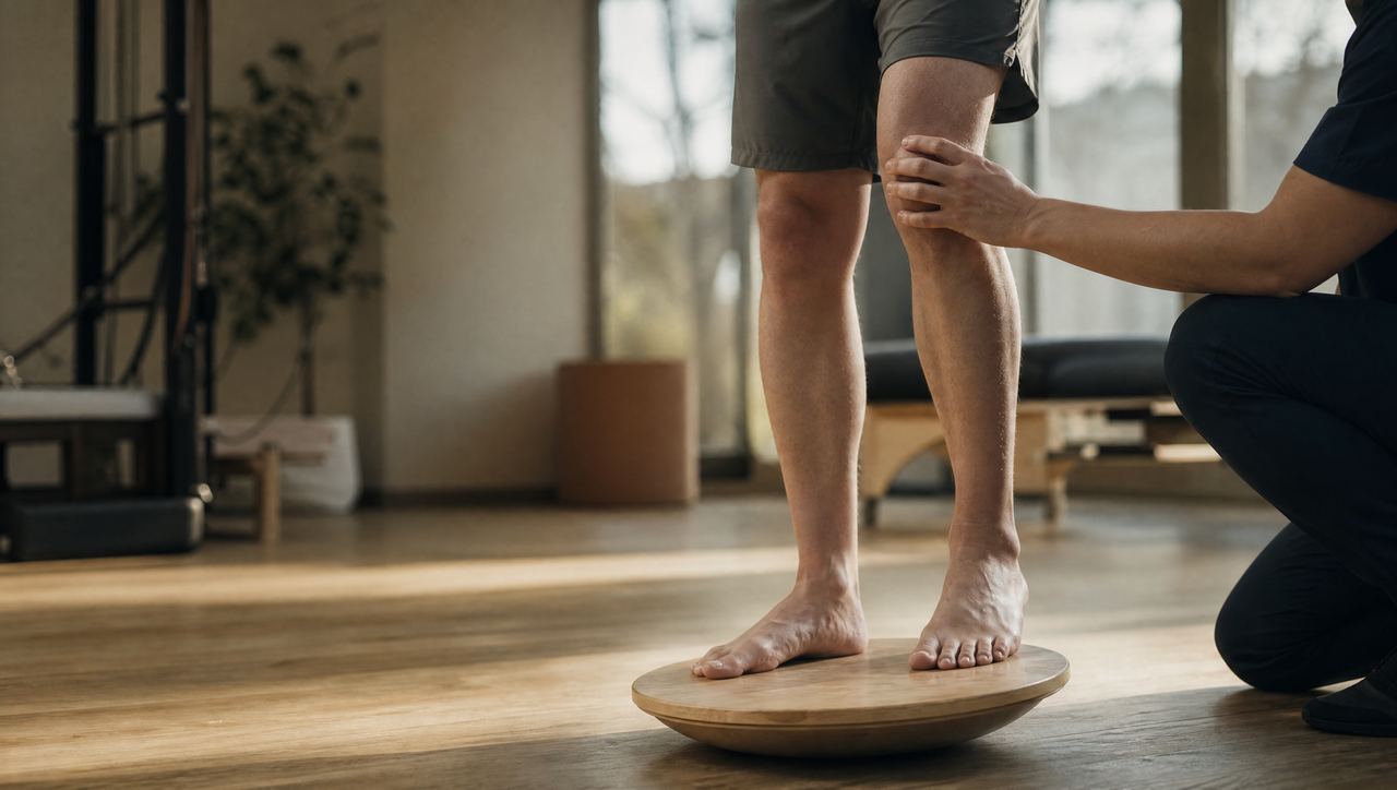Barefoot balance training on a wobble board for foot pain