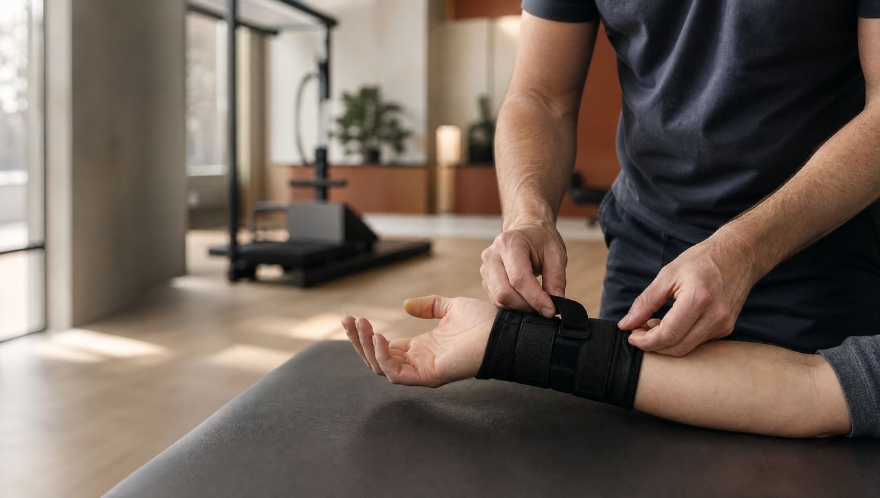 Therapist removing a wrist splint during fracture rehab