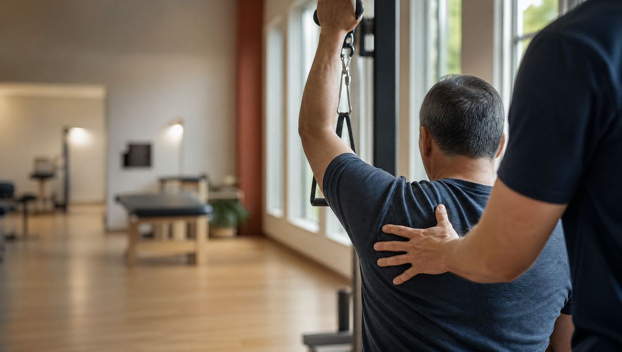 Overhead pulley stretch for a frozen shoulder