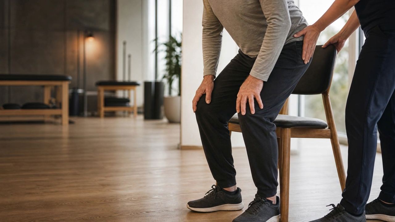 Older patient practicing sit-to-stand with a physical therapist