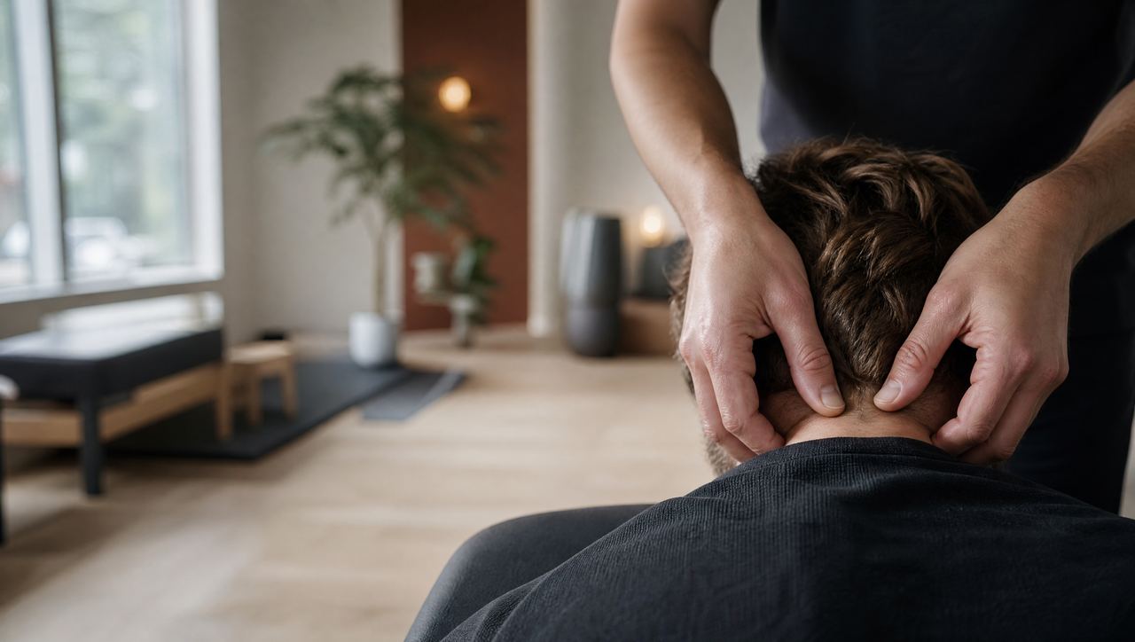 Therapist releasing the muscles at the base of the skull for headaches