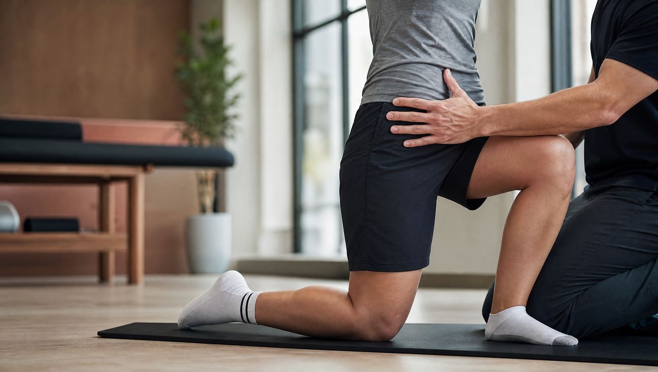 Half-kneeling hip-flexor stretch guided by a therapist