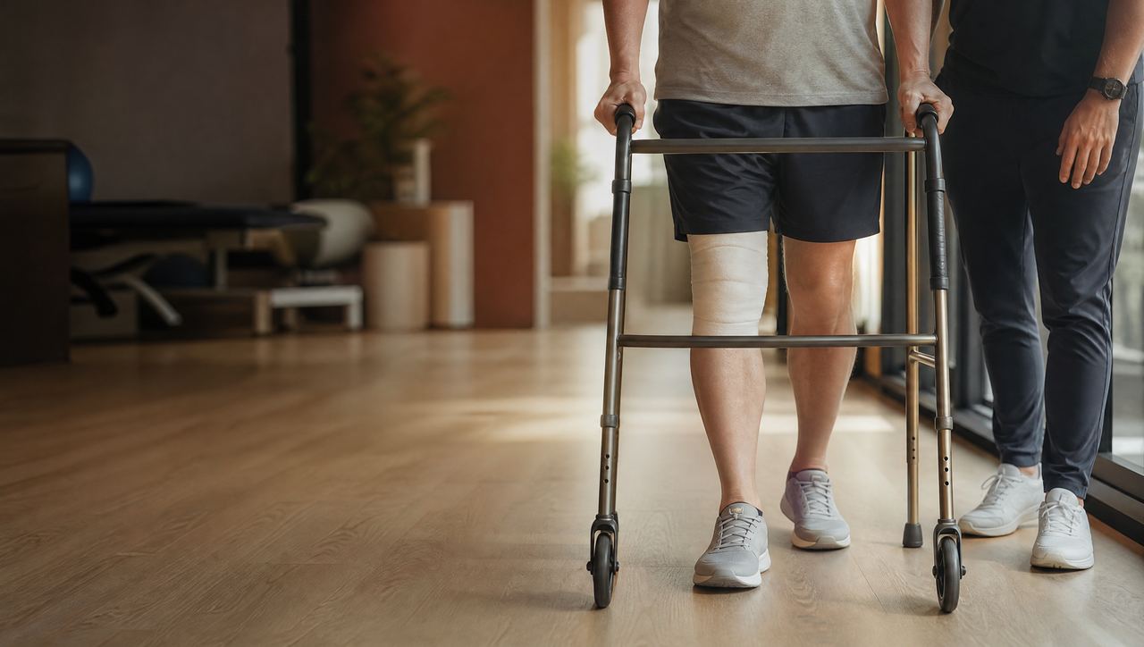 Patient walking with a walker during hip-replacement rehab