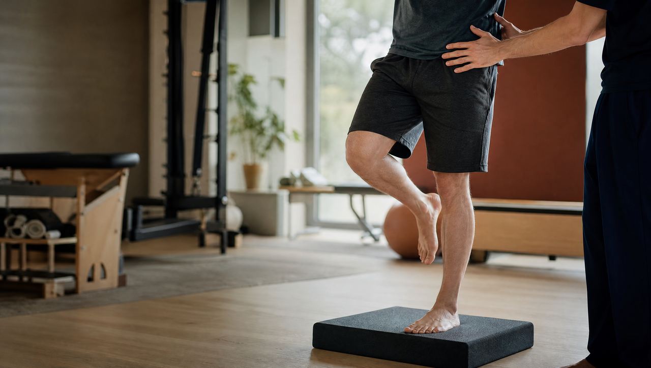 Single-leg balance on a foam pad to build joint stability