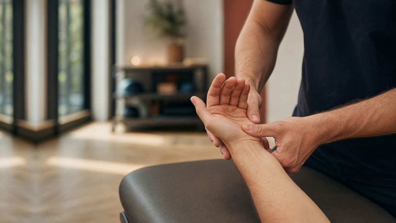 Therapist mobilizing the small joints of a patient’s wrist