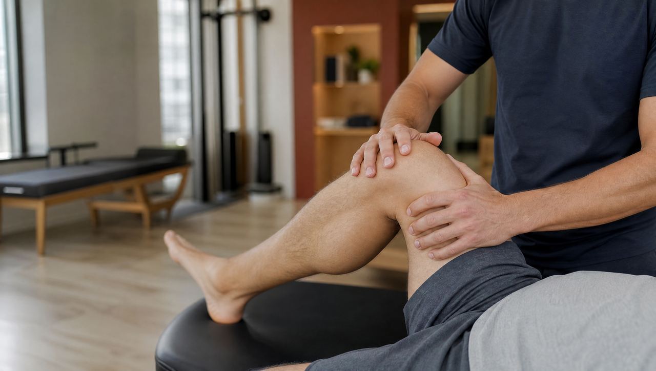 Therapist assessing the inner knee ligament