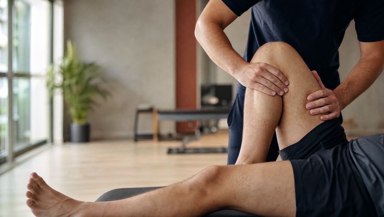 Therapist assessing the knee joint line for a meniscus injury