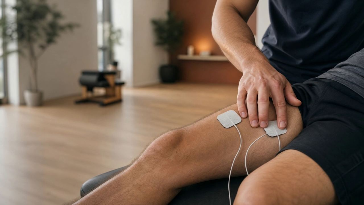 Electrode pads on the thigh muscle for muscle stimulation