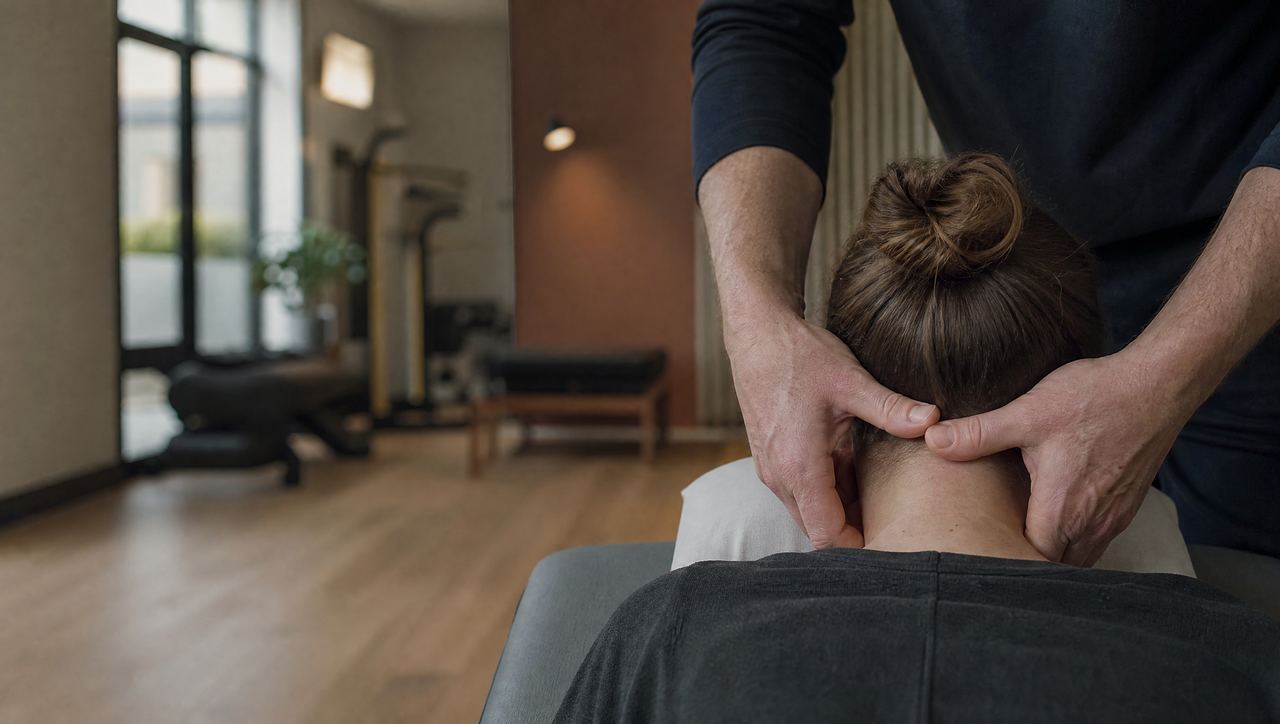 Therapist gently supporting and lengthening a patient’s neck