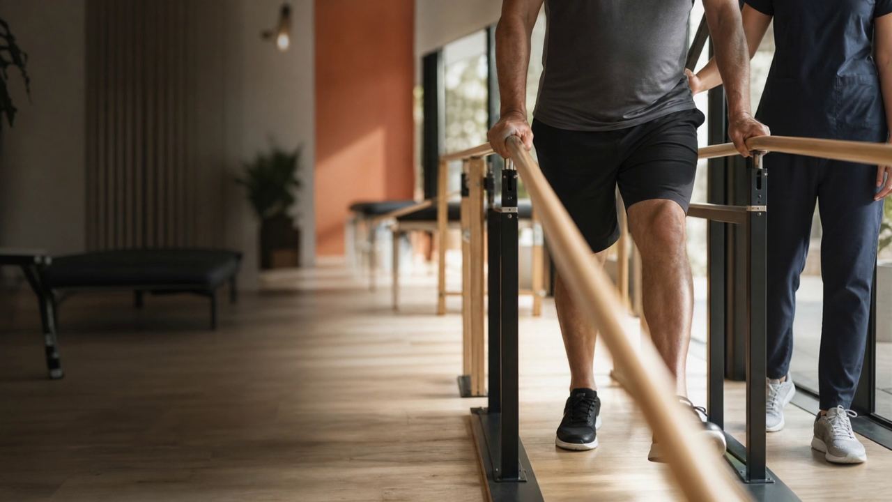 Patient walking between parallel bars during neurological rehab