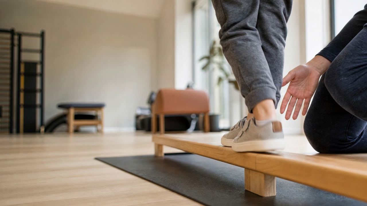 Child’s sneakers on a balance beam during pediatric physical therapy