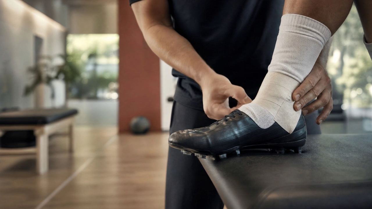 Therapist taping a young soccer player’s ankle