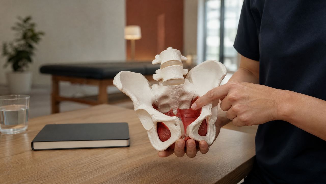 Therapist explaining pelvic-floor anatomy with a pelvis model