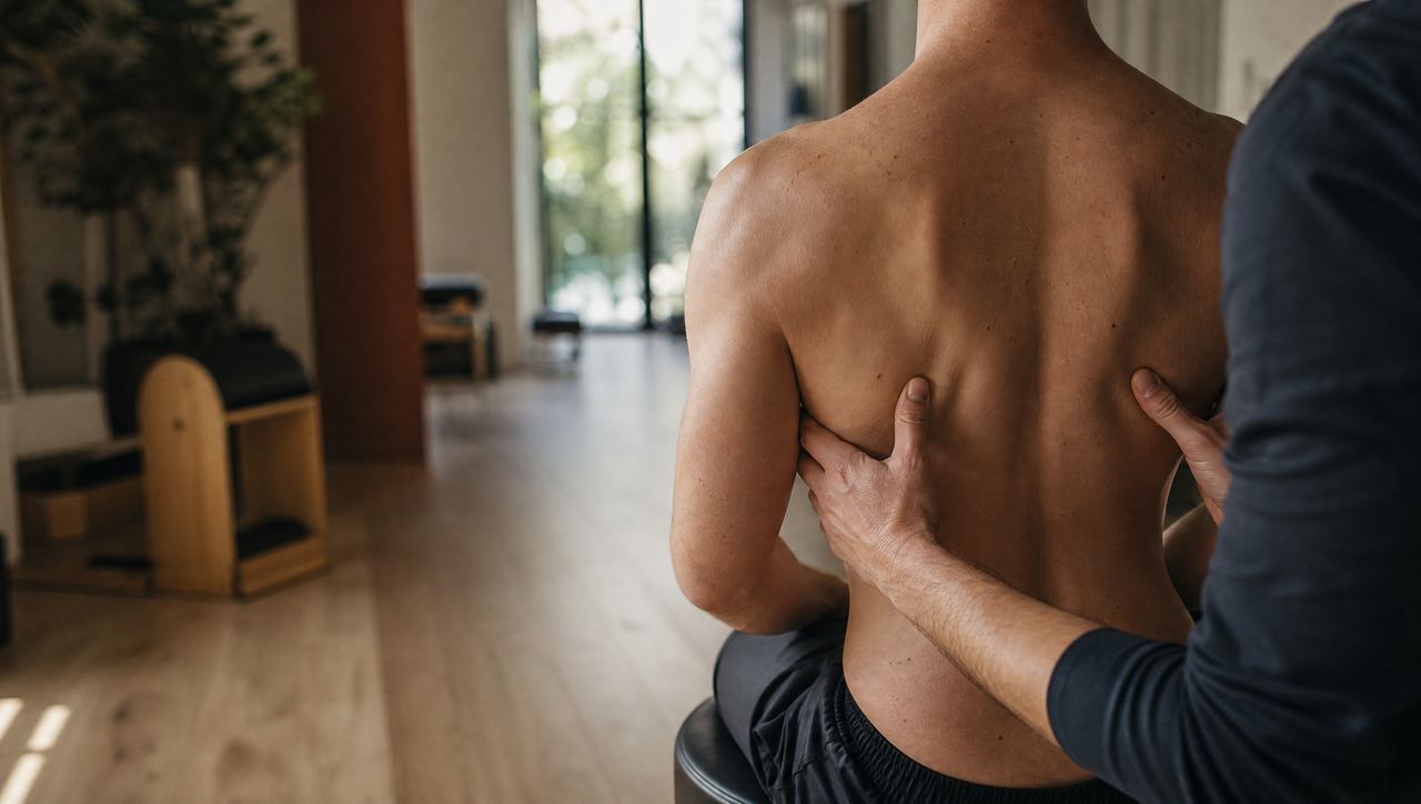 Therapist cueing upright posture by drawing the shoulder blades back