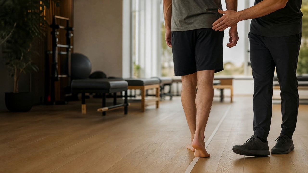 Heel-to-toe walking along a taped line during concussion rehab