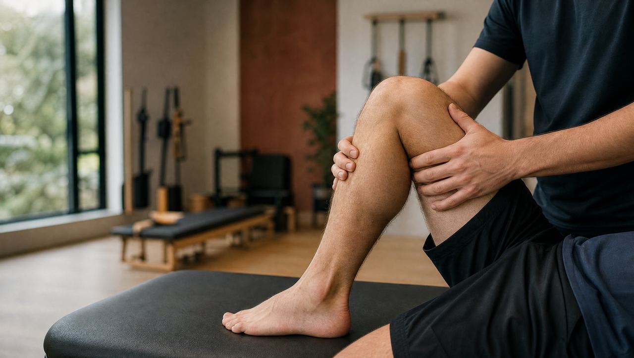 Therapist assessing the back-of-knee ligament with the knee bent