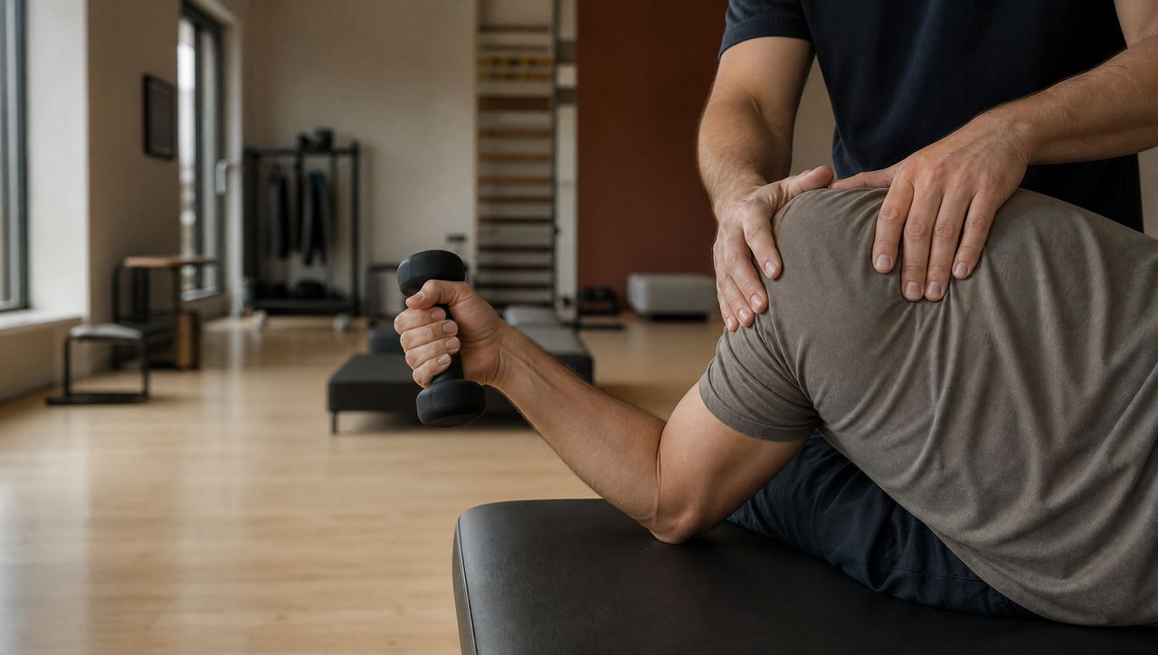 Side-lying rotator cuff strengthening with a light dumbbell