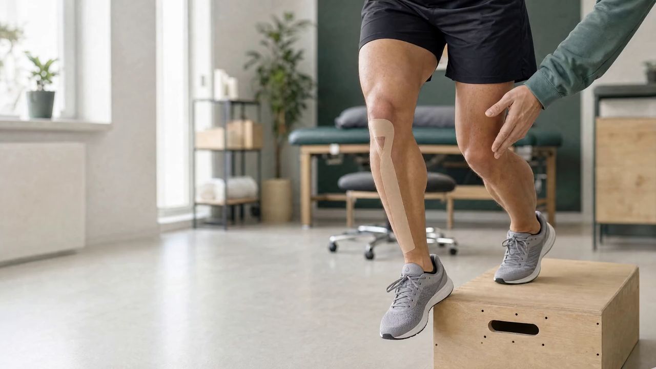 Athlete with a taped knee performing a controlled step-down guided by a physical therapist