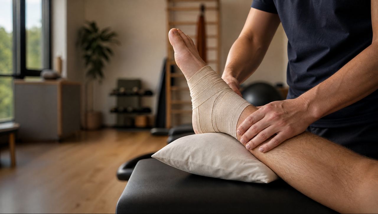 Therapist checking a compression wrap on a sprained ankle
