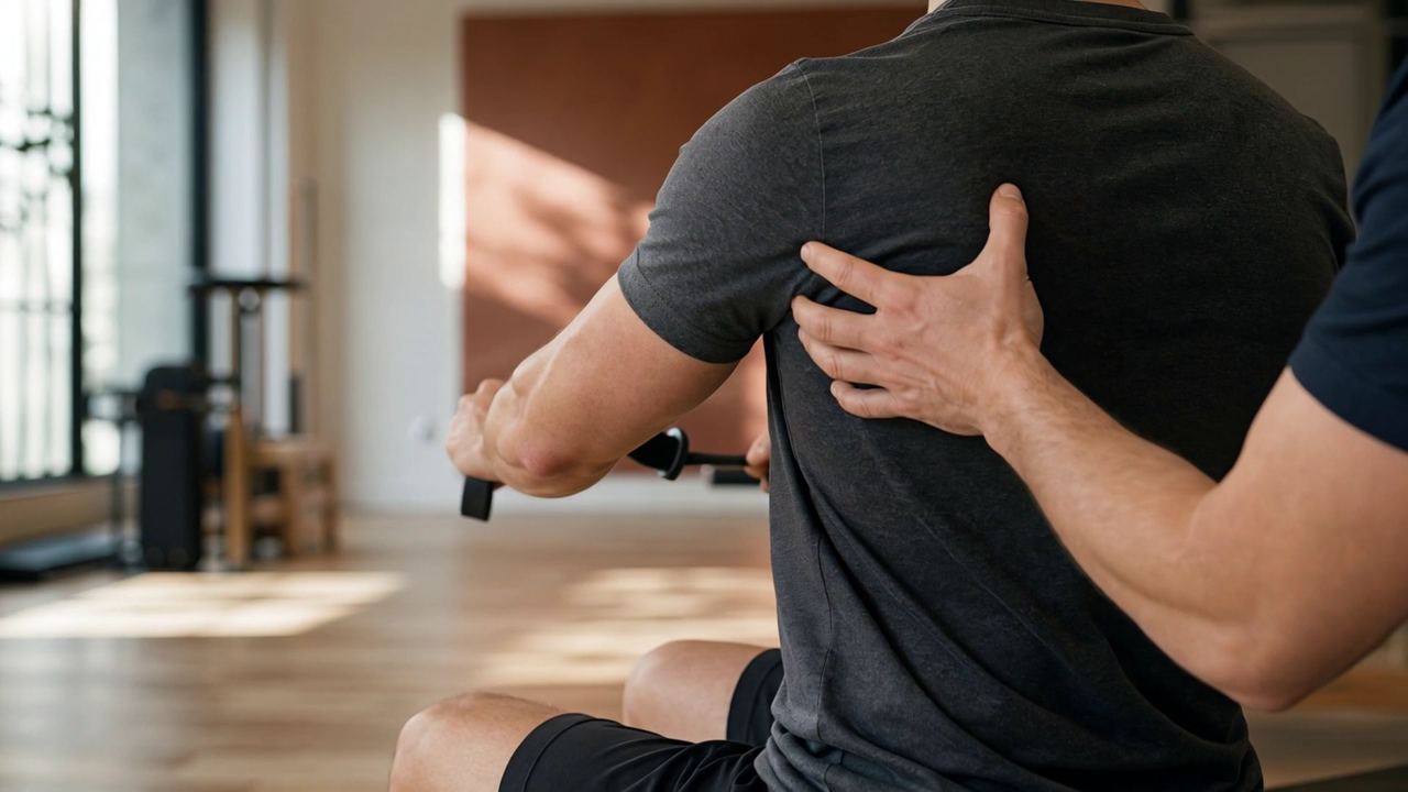Seated resistance-band row guided by a therapist