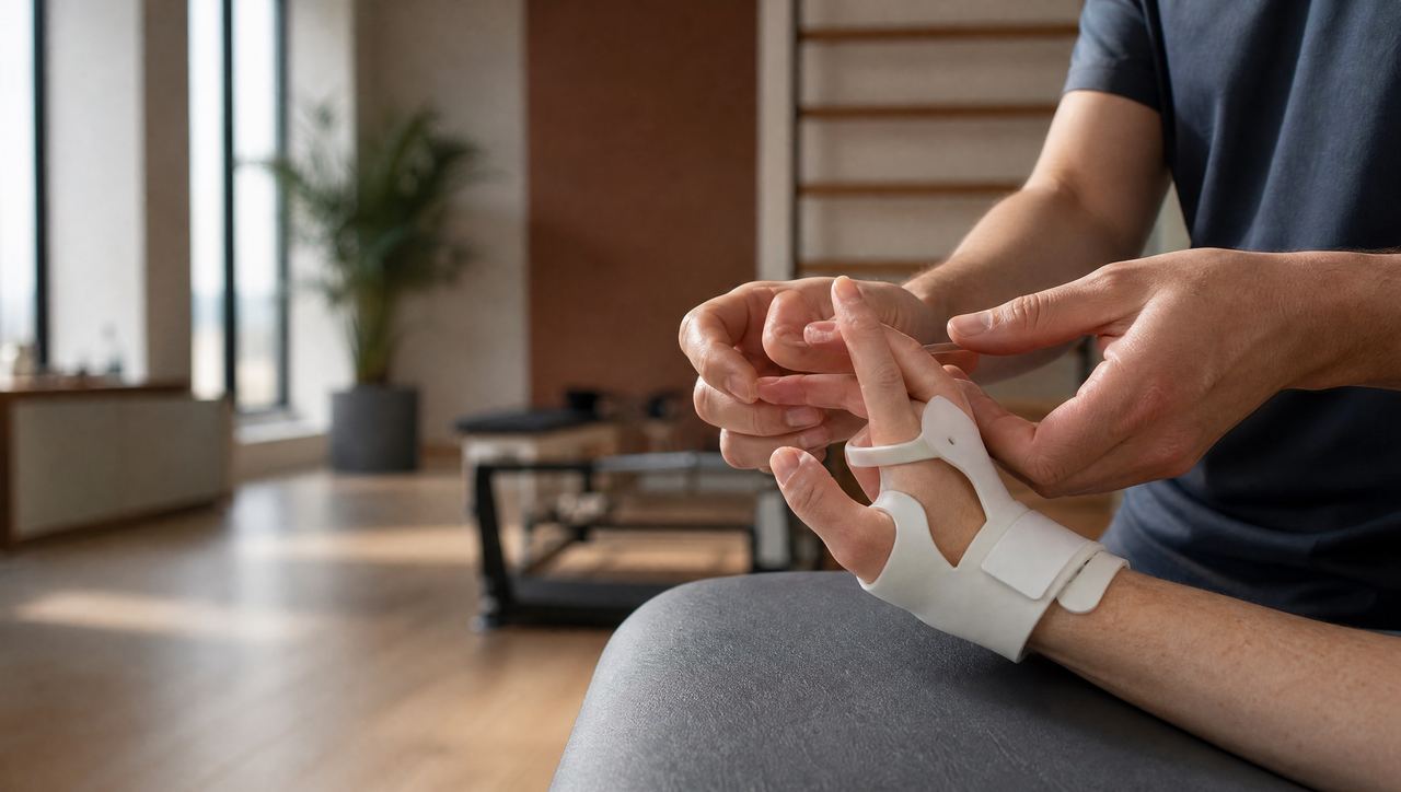 Gentle finger-bending exercise in a hand splint after tendon repair