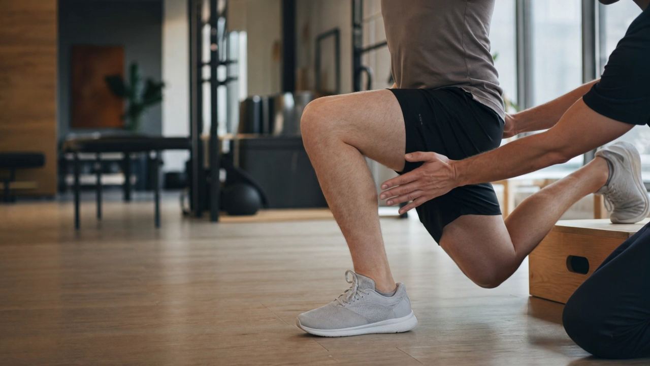 Split-squat therapeutic exercise with a therapist checking knee alignment