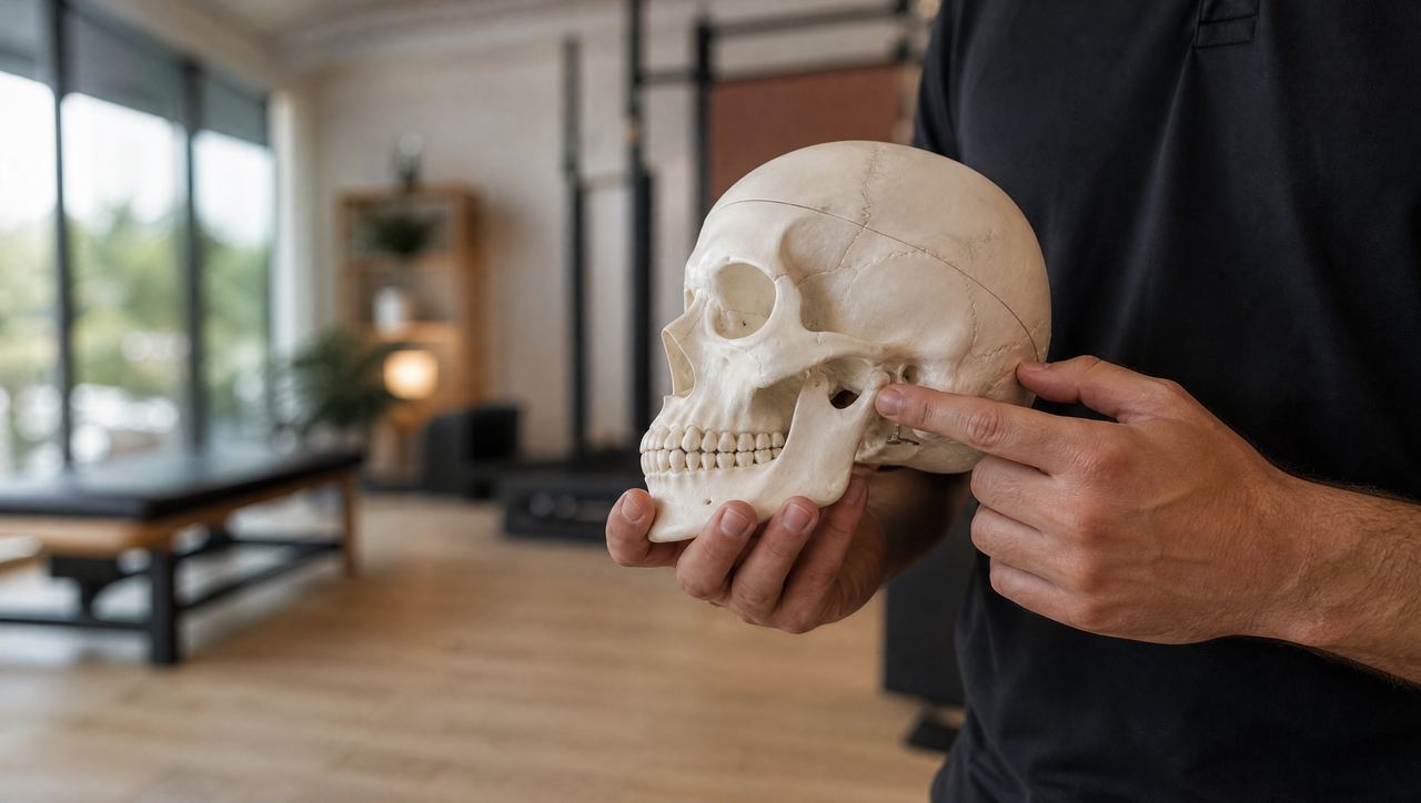 Therapist pointing to the jaw joint on a skull model