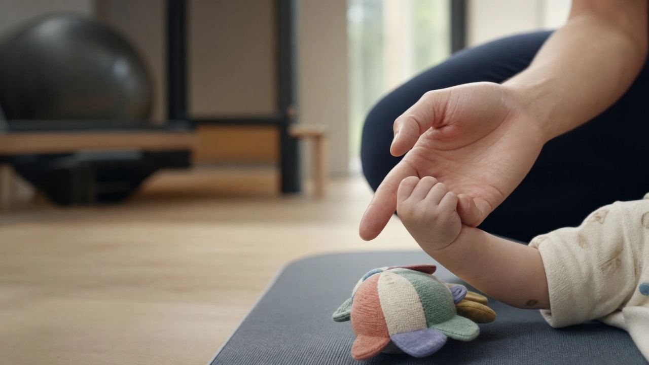 Baby’s hand gripping an adult’s finger during infant torticollis care