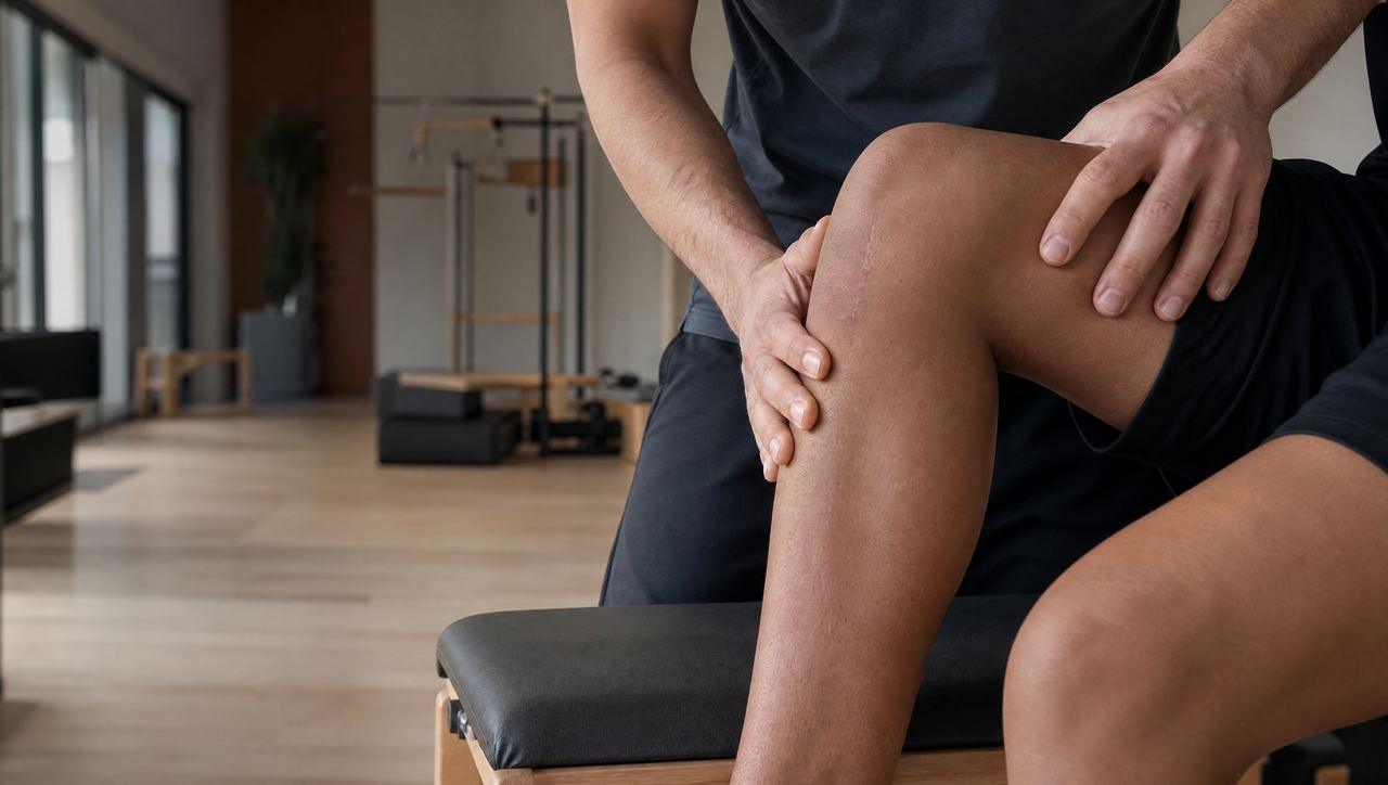 Therapist assisting knee bending after a total knee replacement