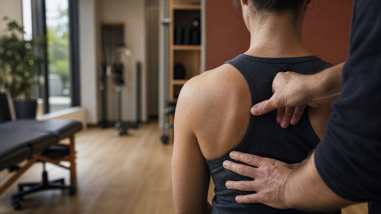Therapist pressing a trigger point in the upper shoulder
