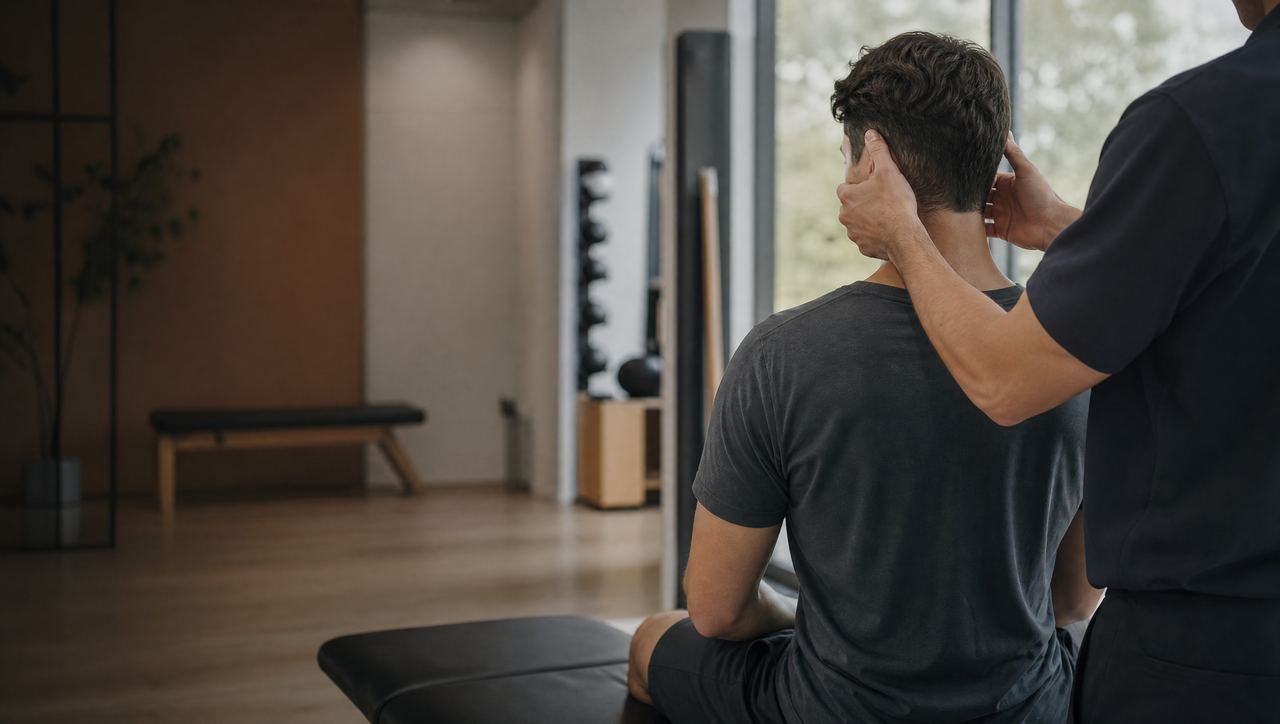 Therapist guiding a slow head turn to treat vertigo