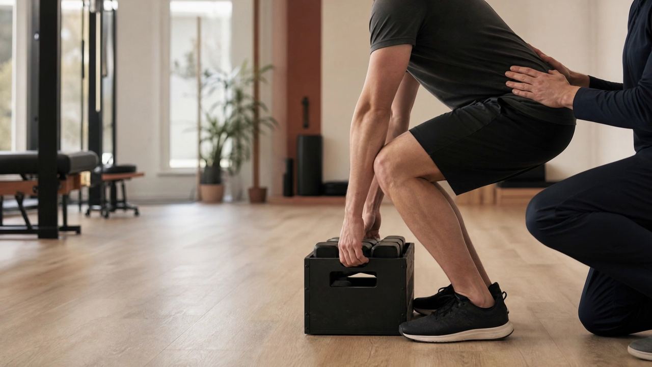 Safe-lifting practice with a weighted crate after a work injury
